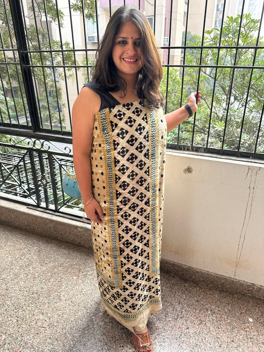 Ivory Panel Beautiful handcrafted Ajrakh Silk Velvet Kurta
