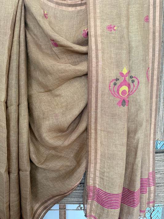 CIDER BROWN HANDWOVEN JAYSHREE LINEN JAMDANI SARI