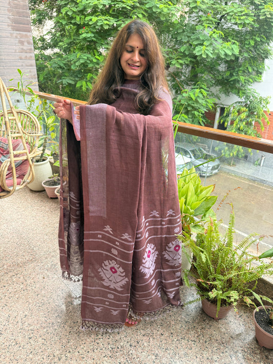 TAUPE BROWN PURE JAYSHREE  LINEN JAMDANI HANDWOVEN KURTA SET