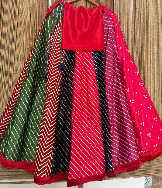 RED SOLID MASHRU SILK BLOUSE WITH PATCHWORK MASHRU MULTICOLOUR SKIRT