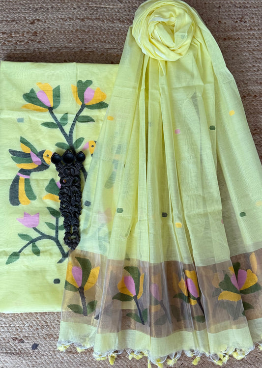 Banana Yellow handwoven jamdani pure cotton silk kurta set mjk