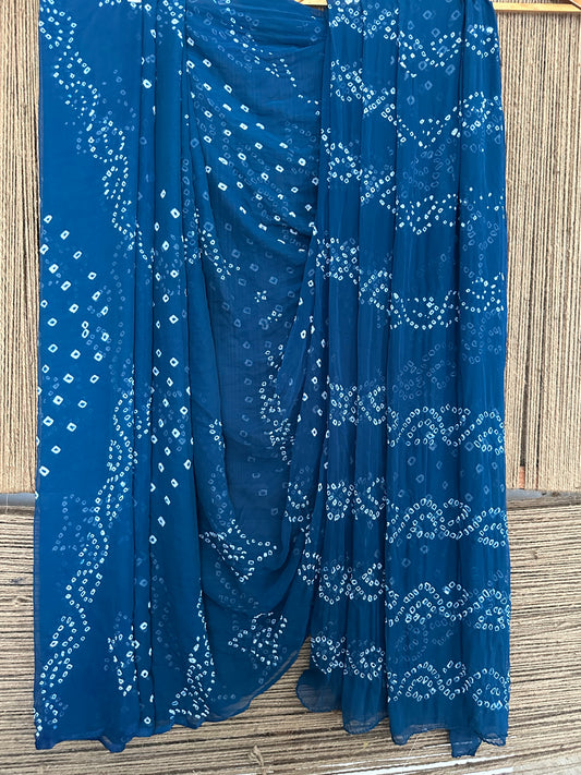 TEAL BLUE BANDHANI HANDCRAFTED CHIFFON SARI CB-25