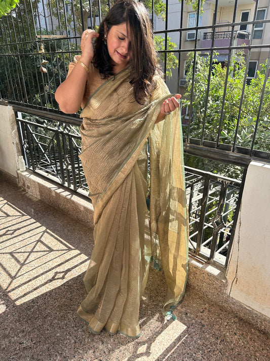 OLIVE GREEN BANARASI ZARI CRUSHED TISSUE SARI