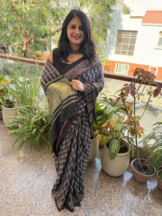 BLACK AJRAKH MODAL SILK SARI WITH ZARI PALLU