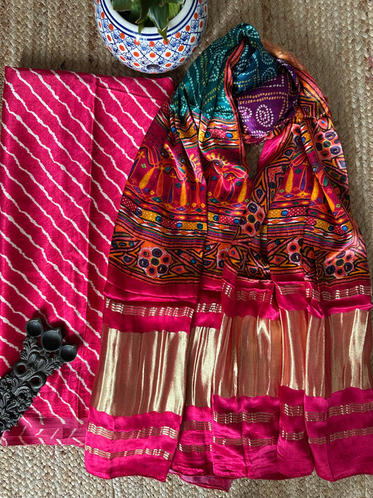 PINK LEHERIYA  MASHRU SILK KURTA WITH PATOLA HANDCRAFTED MODAL SILK DUPATTA PS-68