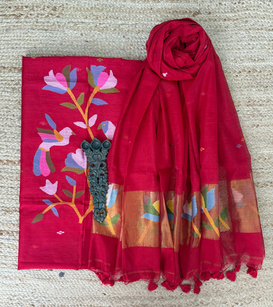 Ruby Red handwoven jamdani pure cotton silk kurta set mjk