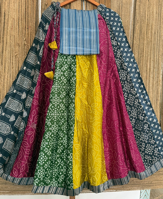 Mustard mashru silk blouse-with bandhani Patola patchwork  handcrafted mashru silk Skirt