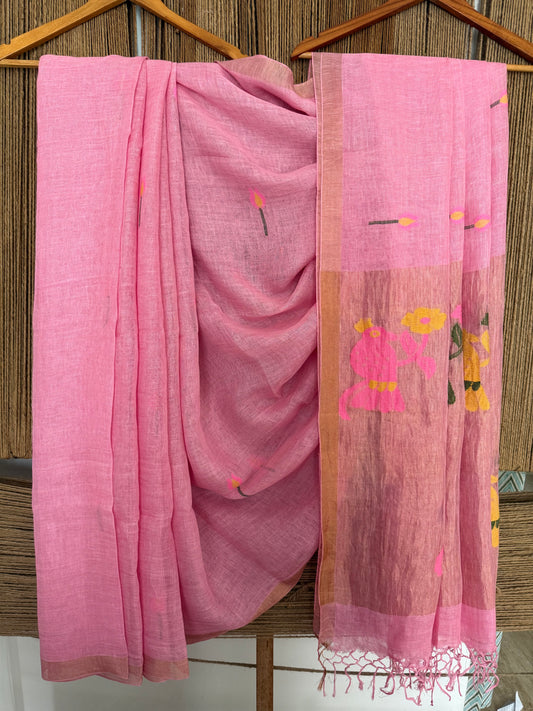 HOT PINK HANDWOVEN JAYSHREE LINEN JAMDANI SARI