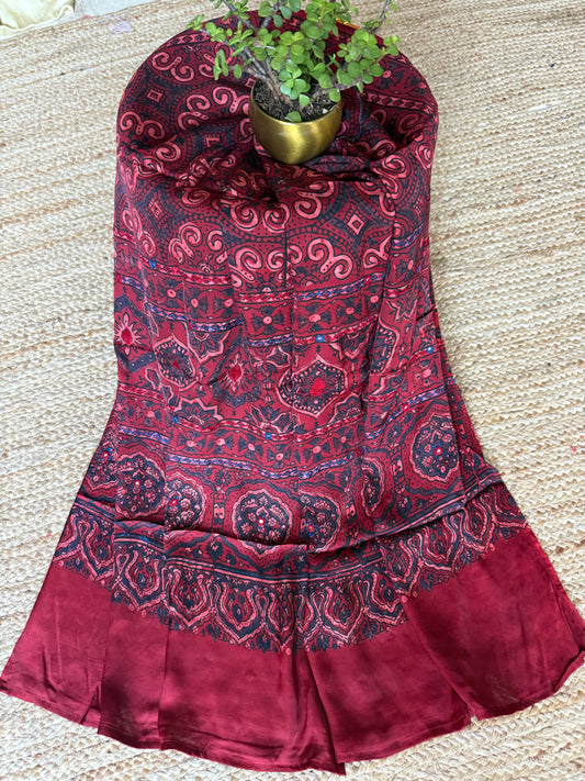 MAROON AJRAKH MODAL SILK STOLE WITH HAND EMBROIDERY MIRROR WORK
