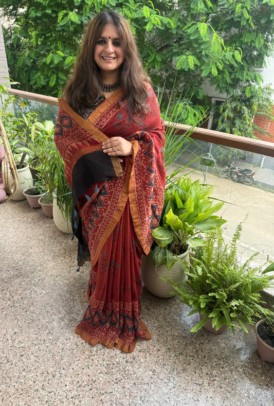 MAROON  NATURAL DYE HANDCRAFTED HANDBLOCK AJRAKH LINEN SILK SARI