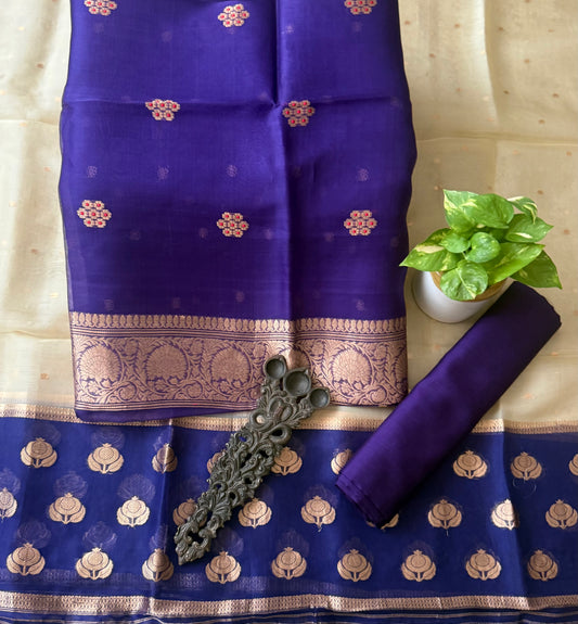 Royal Purple kora silk certified handloom banarsi kadwa butti with woven zari three piece suit