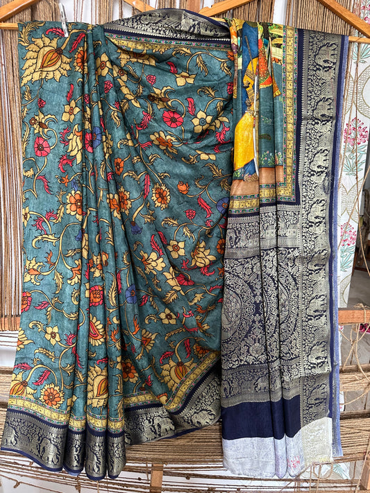 GREY BLUE DOLA SILK PICHWAI PRINT ZARI BORDER SARI