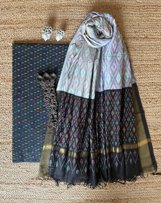 BLACK IKKAT PURE SILK HANWOVEN KURTA WITH IKKAT PURE SILK HANDWOVEN DUPATTA