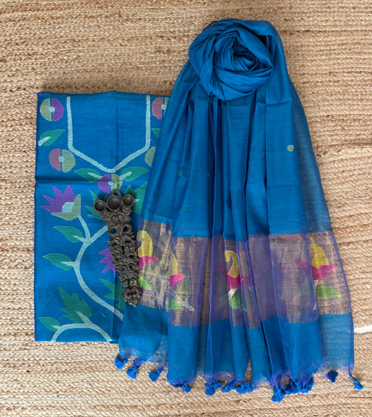 Steel Blue handwoven jamdani pure cotton silk kurta set mjk-