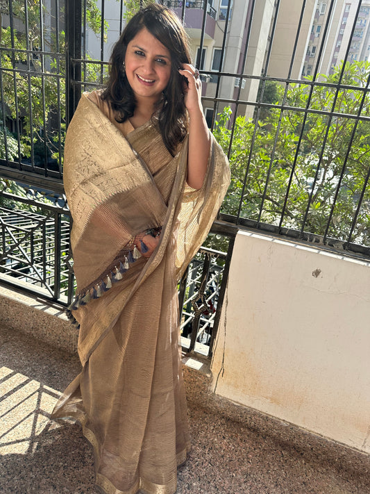 BISCUIT BROWN BANARASI ZARI CRUSHED TISSUE SARI