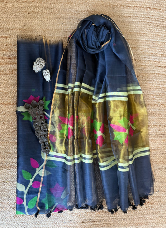 PRUSSIAN BLUE HANDWOVEN JAMDANI PURE MUSLIN SILK KURTA SET MJK-110