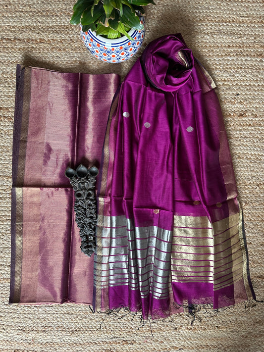 PURPLE SILVER & GOLD TISSUE  MAHESHARI SILK HANDLOOM KURTA SET