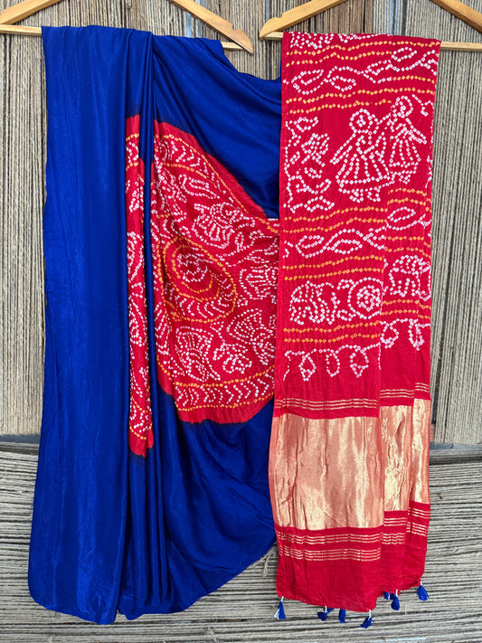 INK BLUE & RED GAJJI SILK RAI BANDHANI CHAKRA THEME GAJJI SARI  BS- 203