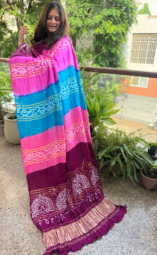 Multi rai bandhani gajji silk Handcrafted Gharchola dupatta