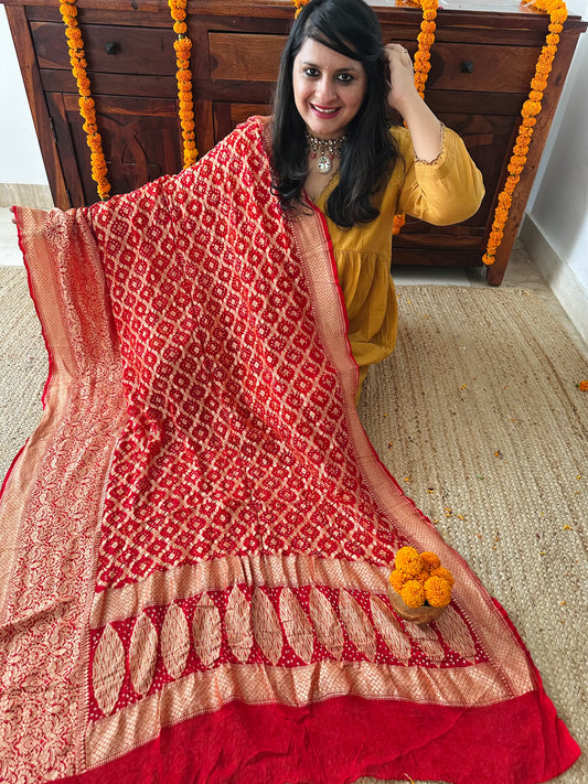 Venetian Red Handwoven NeemZari Bareek Bandhani in Khaddi Georgette dupatta BD-1022