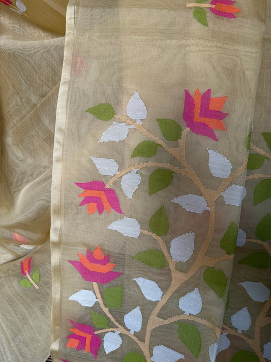 WALNUT CREAM JAMDANI HANDWOVEN PURE MUSLIN SILK SARI MJS 37