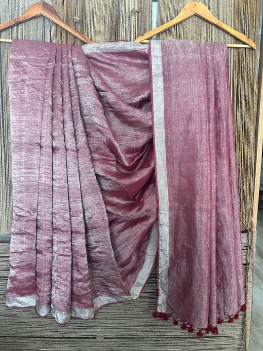 MULBERRY PINK SILVER METALLIC LINEN SARI WITH WOVEN  BORDER