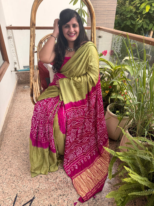 OLIVE GREEN & PINK GAJJI SILK RAI BANDHANI CHAKRA THEME GAJJI SARI  BS- 204