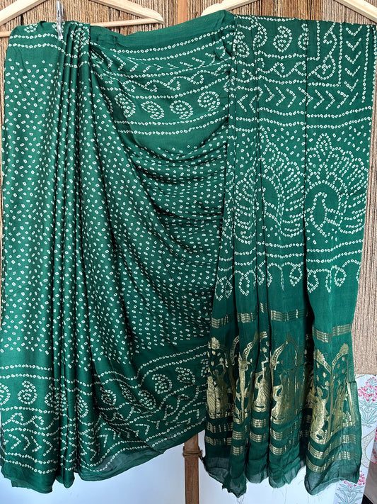 GREEN   BANDHANI  MODAL SILK PATOLA PRINT SARI WITH NAKSHI ZARI BORDER