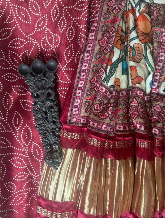 Maroon jaal mashru silk kurta with patola handcrafted modal silk dupatta