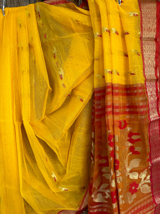 Lovely Flowers Embroidery on hand woven yellow Bengal Jamdani  saree embroidered Red Blouse