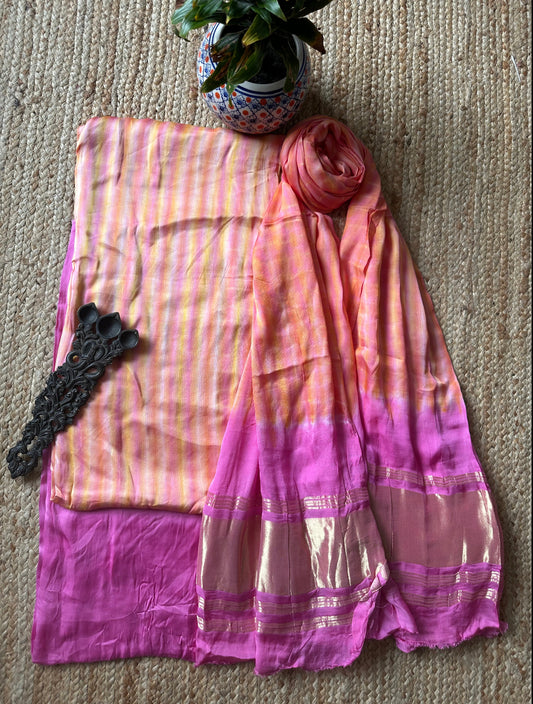 Peach  Pink Silk Shibori  Kurta with Shibori  handcrafted Modal Silk Dupatta