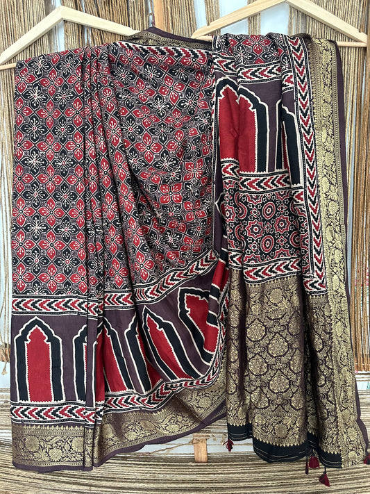 CHIKOO BROWN DOLA  SILK AJRAKH ZARI BORDER SARI