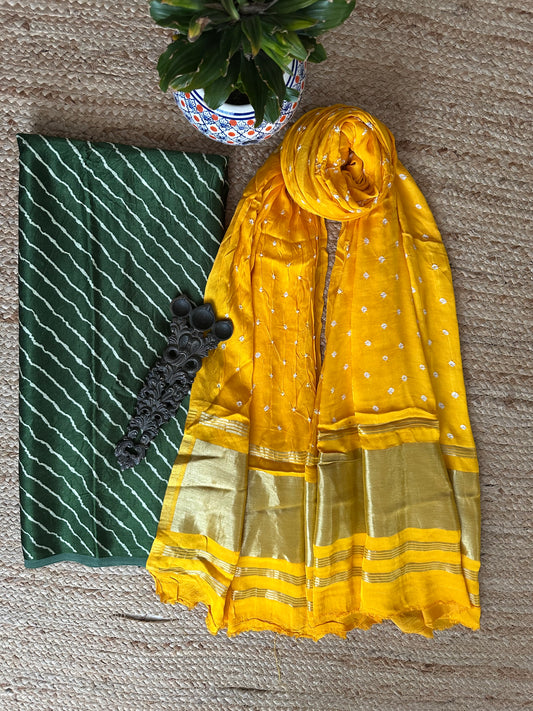GREEN LEHERIYA MASHRU  SILK KURTA WITH  BANDHANI DOTS HANDCRAFTED MODAL SILK DUPATTA PS- 10155