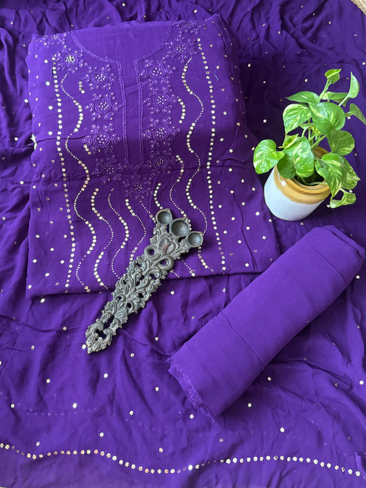 Royal Purple premium mukesh work Georgette lucknowi chickenkari hand embroidery three piece suit