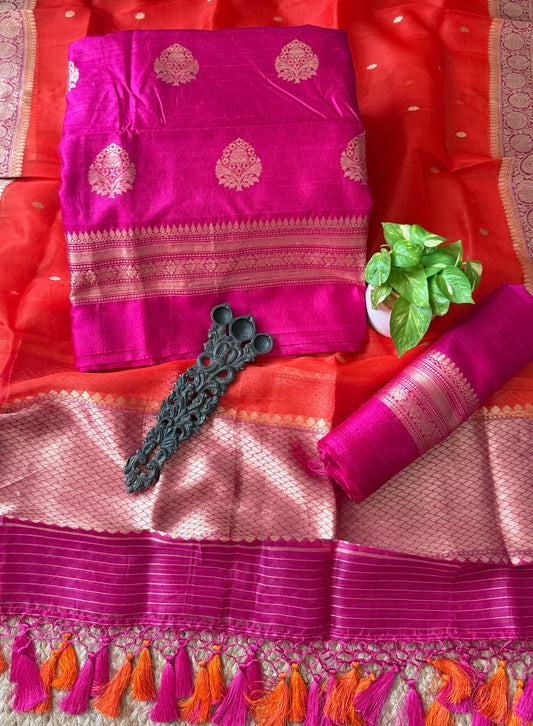 Barbie Pink raw silk certified handloom banarsi kadwa butti with woven zari three piece suit