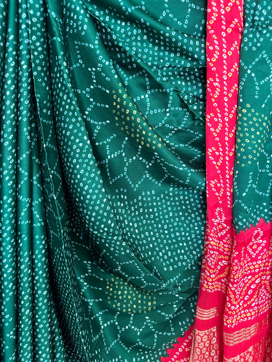 GREEN RED BANDHANI  MODAL SILK PATOLA PRINT SARI WITH NAKSHI ZARI BORDER