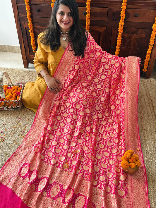 Punch pink Handwoven NeemZari Bareek Bandhani in Khaddi Georgette dupatta BD-1012