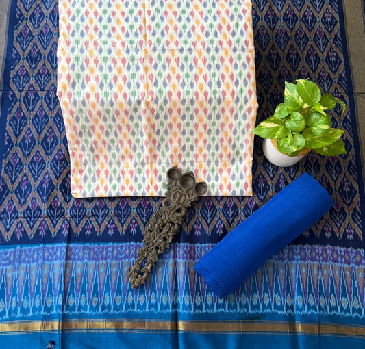 White multi ikkat pure silk cotton hanwoven kurta with Bottom ikkat pure silk patola handwoven dupatta