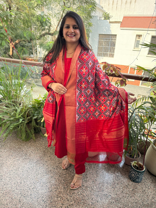 PINK AND BLUEHANDSPUN HANDWOVEN POCHAMPALLY IKAT SILK DUPATTA WITH ZARI BORDER