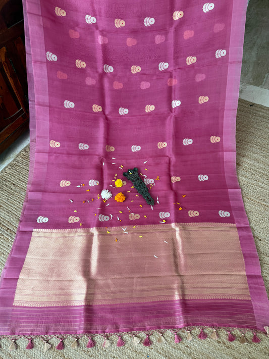 Flamingo Pink Kora silk certified  handloom banarsi sari with woven zari