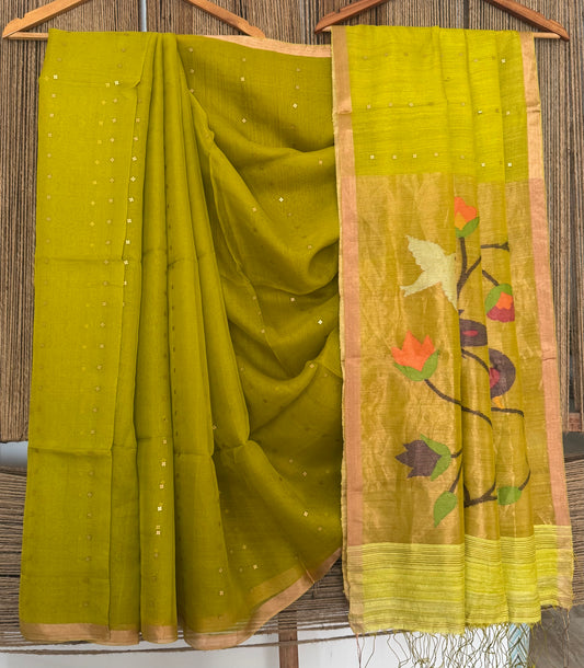 Corn Yellow Jamdani sequence work handwoven pure muslin silk sari With Paithani Jamdani Pallu  and  Matka Silk Blouse Piece