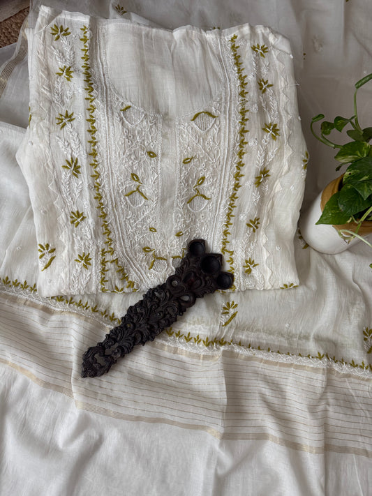 White & green embroidery semi stitched applique detailing gown premium mull chanderi lucknowi chickenkari with moti work hand embroidery three piece suit
