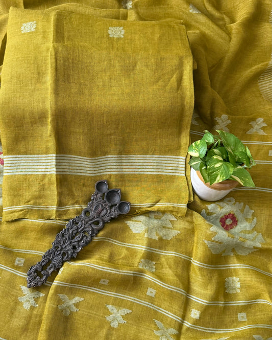 CITRINE YELLOW PURE JAYSHREE  LINEN JAMDANI HANDWOVEN KURTA SET
