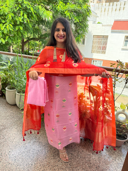 Flamingo Pink Kora silk certified handloom Banarsi kadwa Booti Meenakari three piece suit