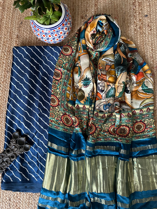 BLUE  LEHERIYA  MASHRU SILK KURTA WITH PATOLA HANDCRAFTED MODAL SILK DUPATTA PS-69
