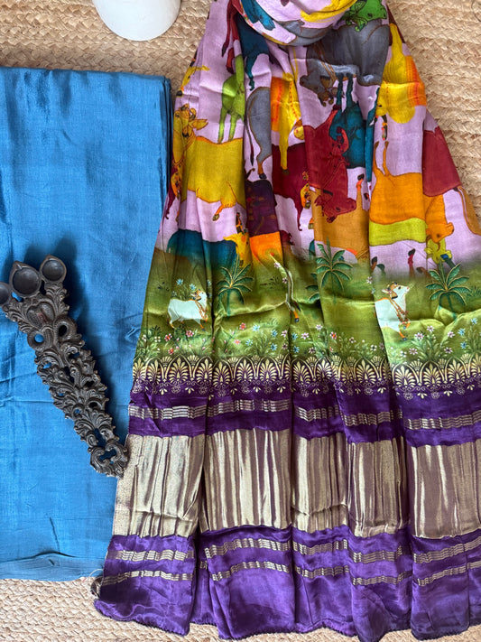 Sky  Blue Solid mashru  silk kurta with Pichwai patola handcrafted modal silk dupatta