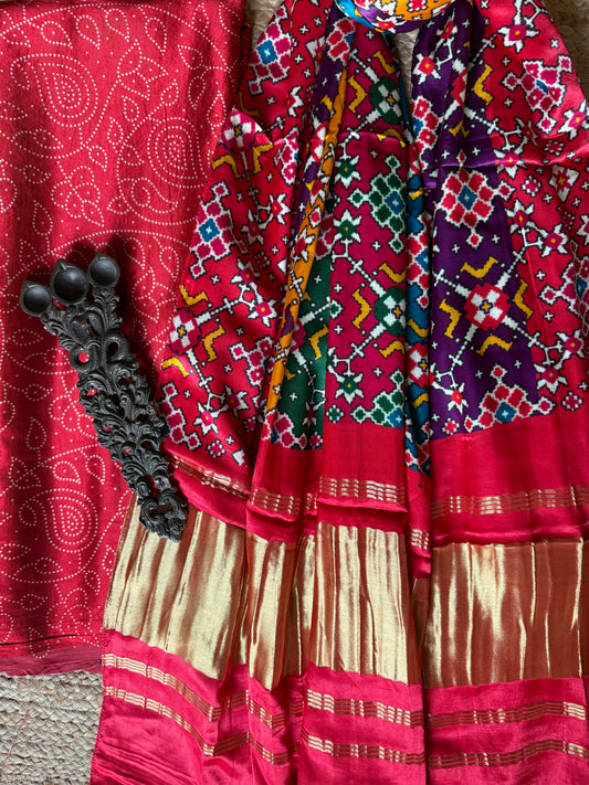 RED  SOLID MASHRU SILK KURTA WITH  PATOLA PICHWAI HANDCRAFTED MODALSILK DUPATTA PS-242