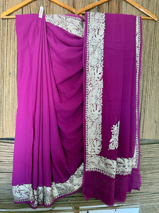 PURPLE LOVELY KASHMIRI TILLA WORK REDYEABLE PURE GEORGETTE SARI WITH BLOUSE