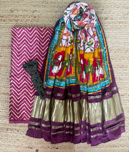Lavender Lilac zigzag mashru silk kurta with patola handcrafted modal silk dupatta ps-203
