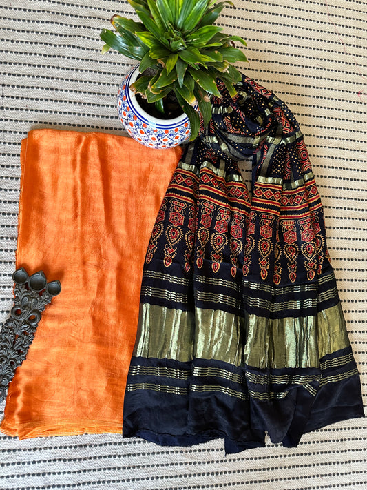 RUST ORANGE MASHRU  SILK KURTA WITH GHARCHOLA AJRAKH MODAL SILK DUPATTAS